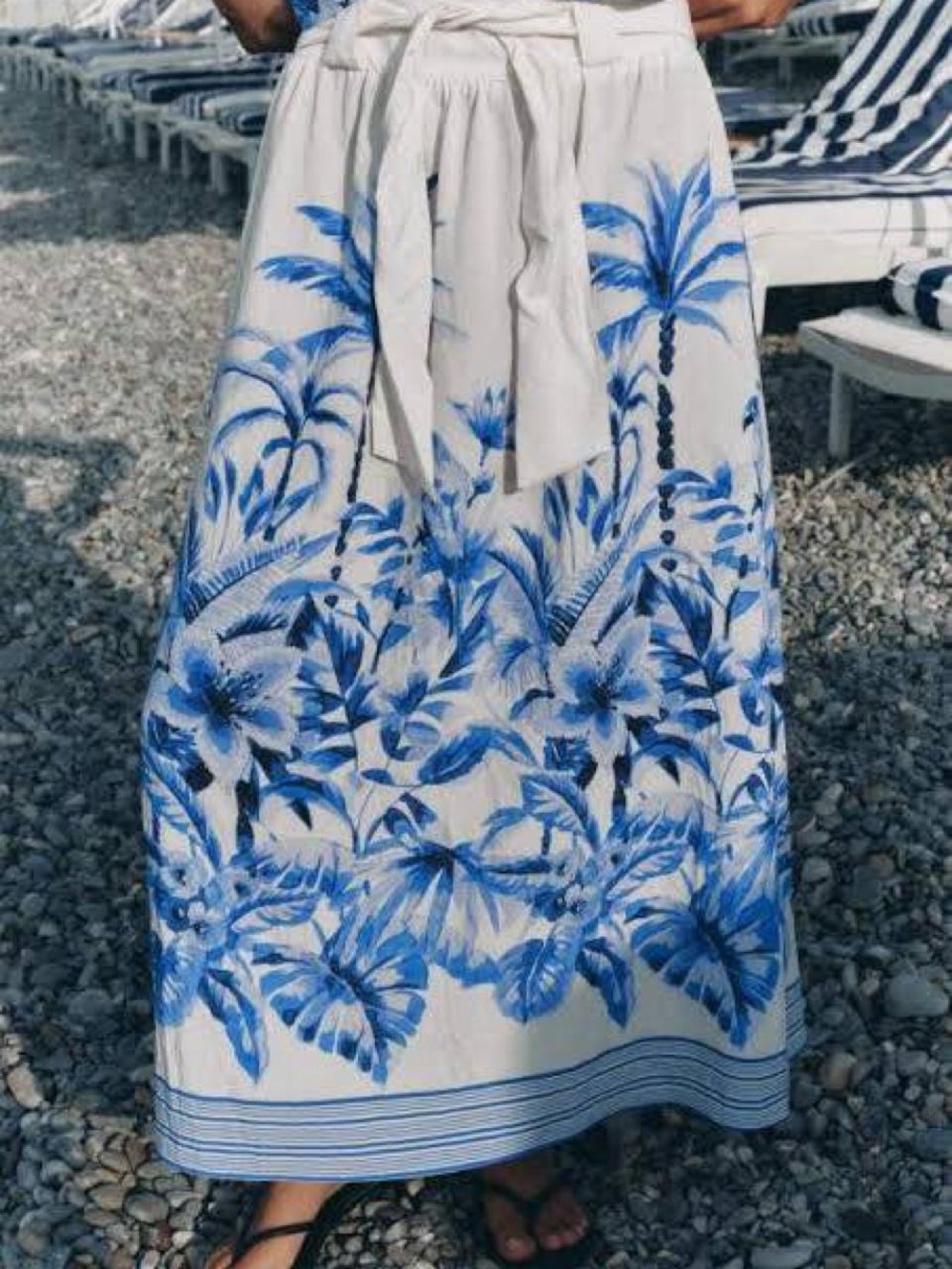 Zara Blue White Tropical Palm Print Midi Skirt Size S NWOT